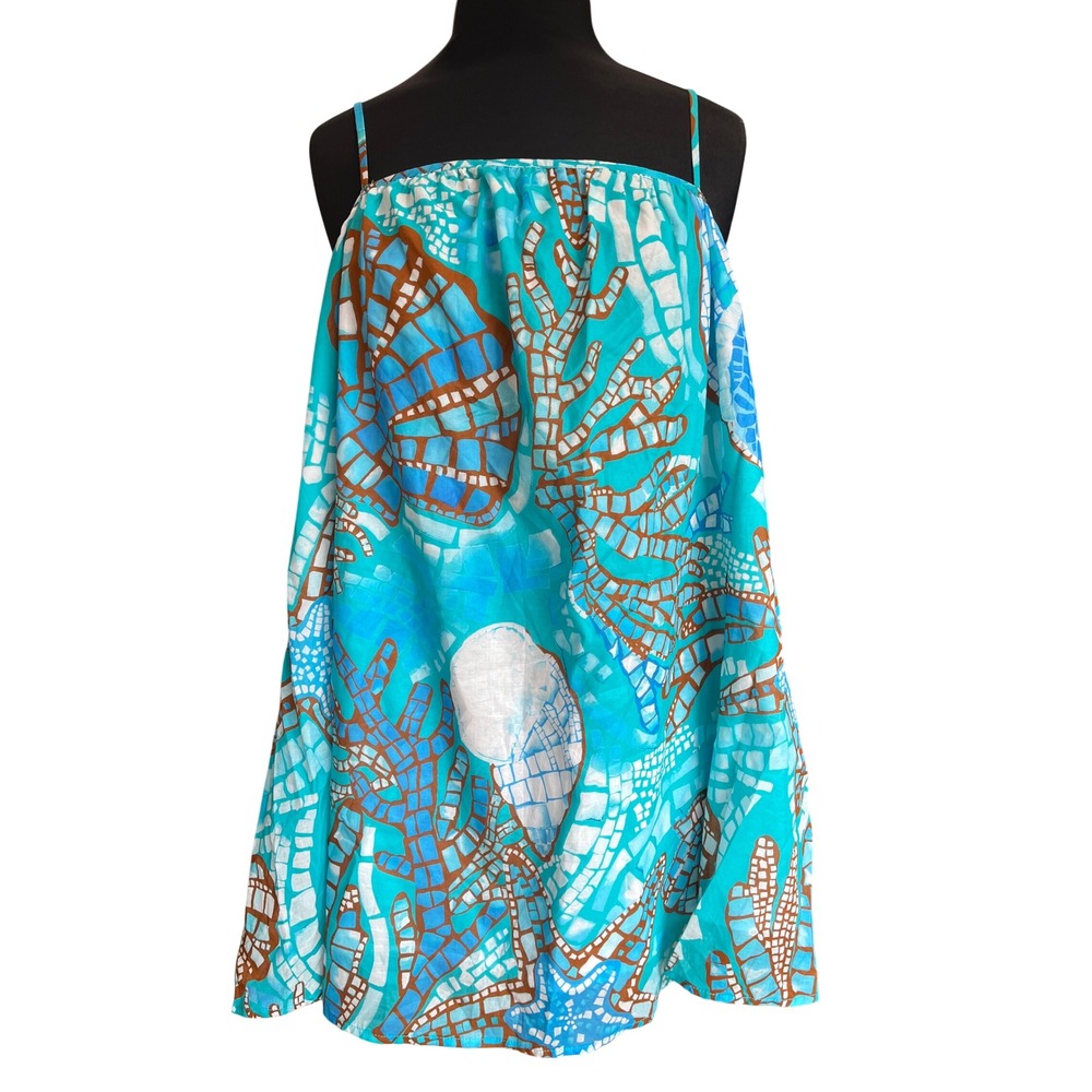 Seafolly Australia Teal Blue Mosaic Sea Life Coral Shell Beach Cover Up Dress L